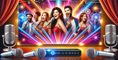 Personas disfrutando de una fiesta de karaoke con micrófonos inalámbricos modernos y ambiente de luces coloridas.