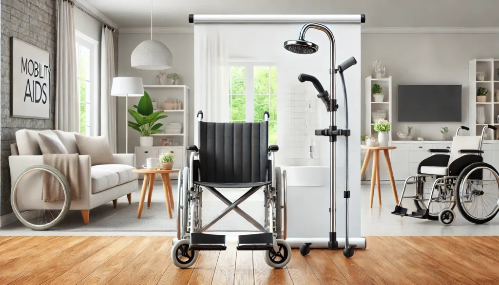 Silla de baño para discapacitados y bastón antideslizante en un baño adaptado.