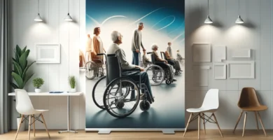 Silla de ruedas plegable en un entorno moderno y accesible.