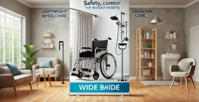 Silla de ruedas plegable junto a un bastón ergonómico en un entorno doméstico.