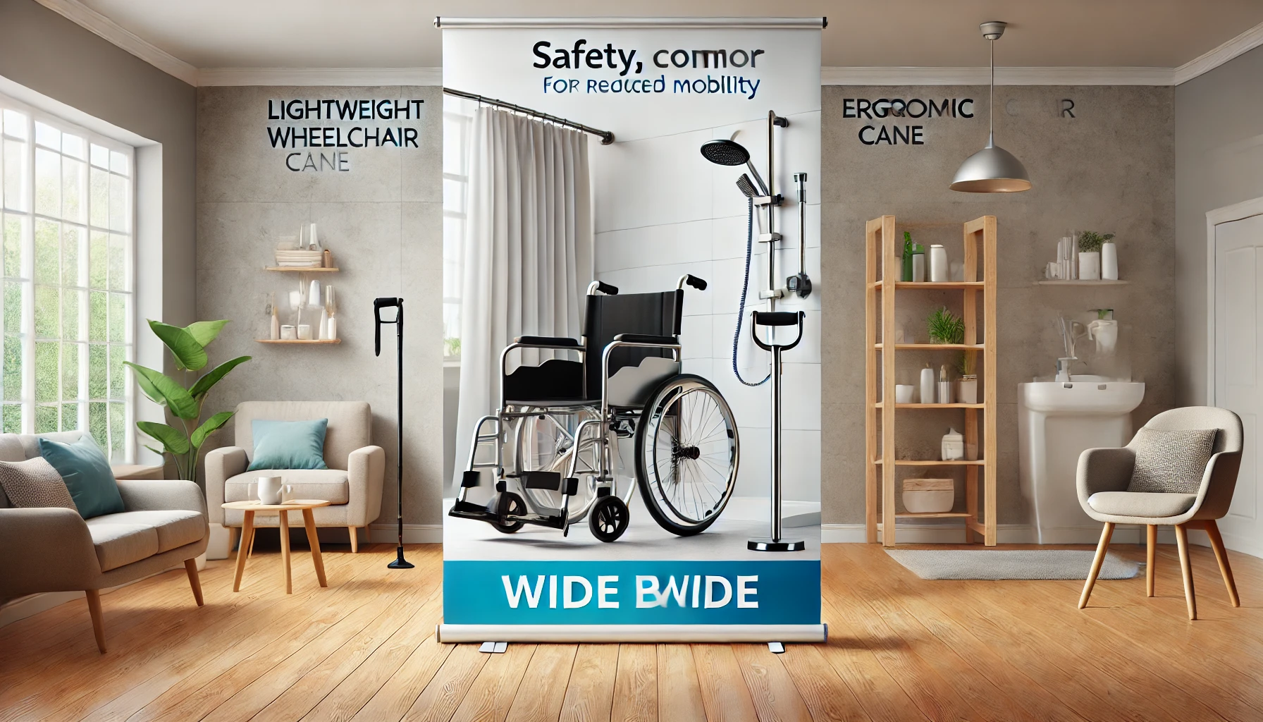 Silla de ruedas plegable junto a un bastón ergonómico en un entorno doméstico.