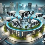 Vista amplia de sistemas de cámaras de vigilancia CCTV en un entorno urbano moderno