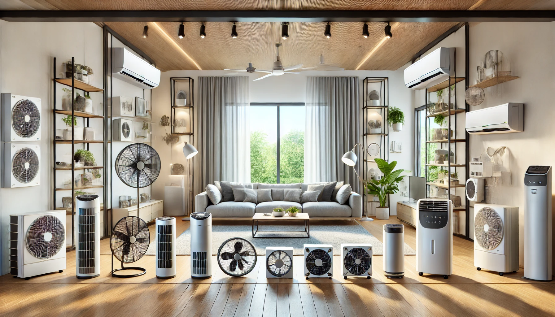 Dispositivos de climatización en un salón moderno, incluyendo ventilador, aire acondicionado y purificador de aire