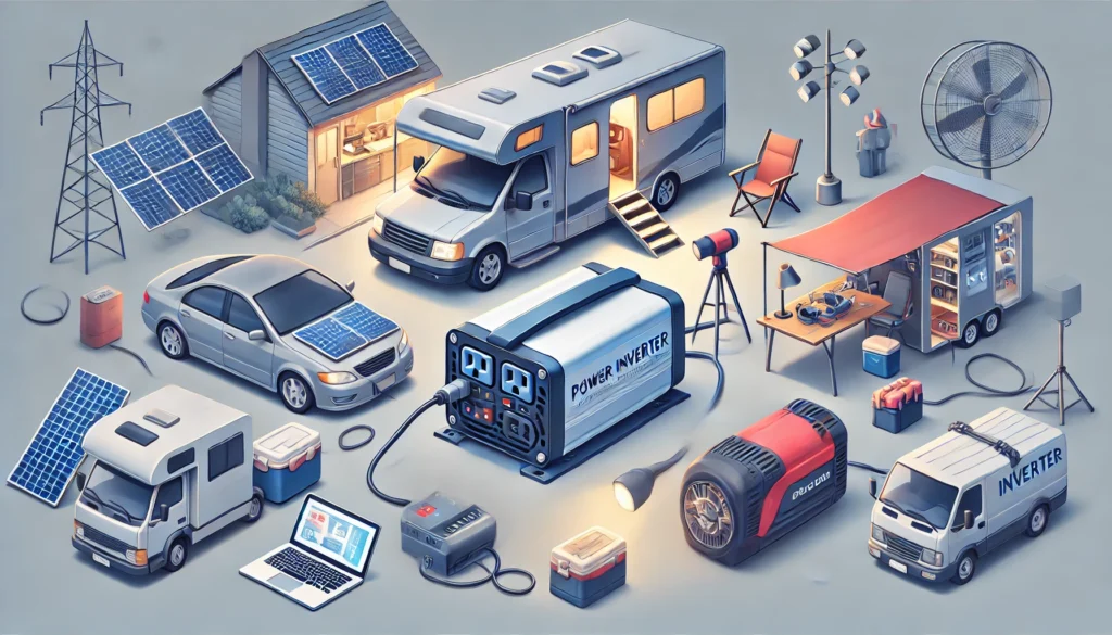 Diferentes aplicaciones del inversor de corriente 12V a 220V, incluyendo su uso en autos, campers, respaldo eléctrico en el hogar y sistemas solares.