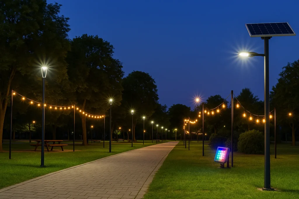 Camino iluminado en plaza con focos LED, guirnaldas decorativas y postes solares durante la noche