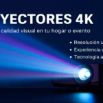 Banner con proyector 4K encendido proyectando colores vivos sobre fondo oscuro con texto comparativo