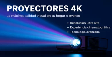 Banner con proyector 4K encendido proyectando colores vivos sobre fondo oscuro con texto comparativo
