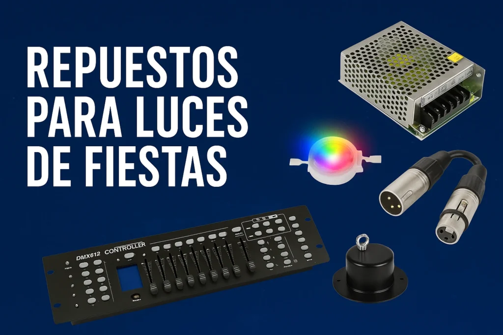 Imagen con repuestos para luces de fiestas como fuentes de poder, controladores DMX, motores y conectores XLR