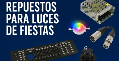 Imagen con repuestos para luces de fiestas como fuentes de poder, controladores DMX, motores y conectores XLR