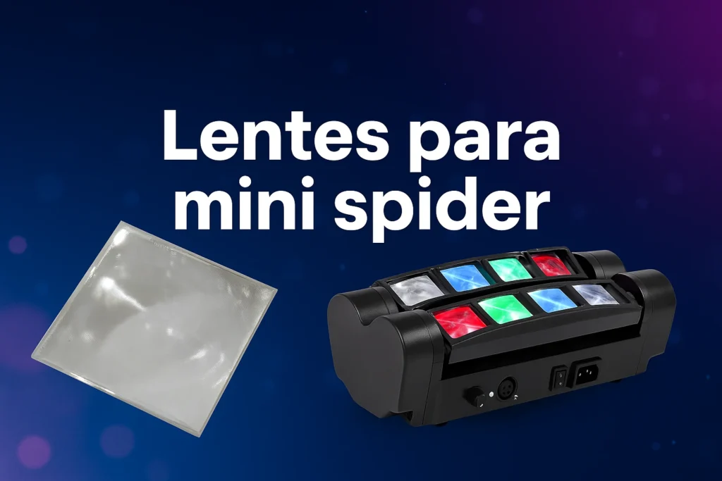 Imagen de lente cuadrado de repuesto y luz mini spider LED con haces de colores, sobre fondo azul con texto en español