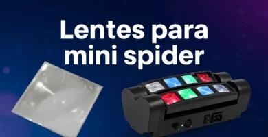 Imagen de lente cuadrado de repuesto y luz mini spider LED con haces de colores, sobre fondo azul con texto en español