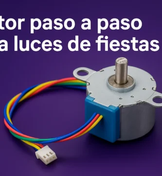 Motor paso a paso con cableado multicolor sobre fondo púrpura, ideal para luces de fiestas, cabezas móviles y efectos DMX