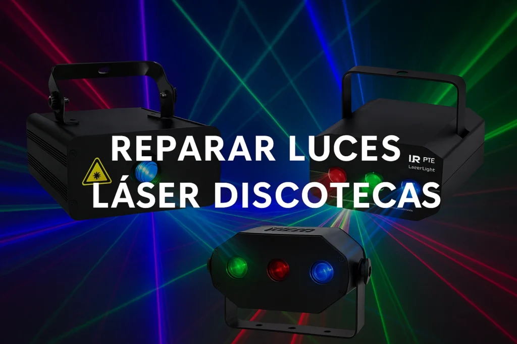 Imagen promocional con luces láser profesionales de colores proyectadas en un entorno oscuro, con texto centrado sobre el servicio de reparación