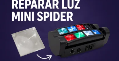 Imagen de repuesto de lente cuadrado junto a luz mini spider LED con haces de colores, sobre fondo morado con texto explicativo