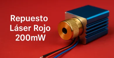 Módulo láser rojo de 200mW con lente y disipador, ilustrado sobre fondo oscuro con texto central informativo