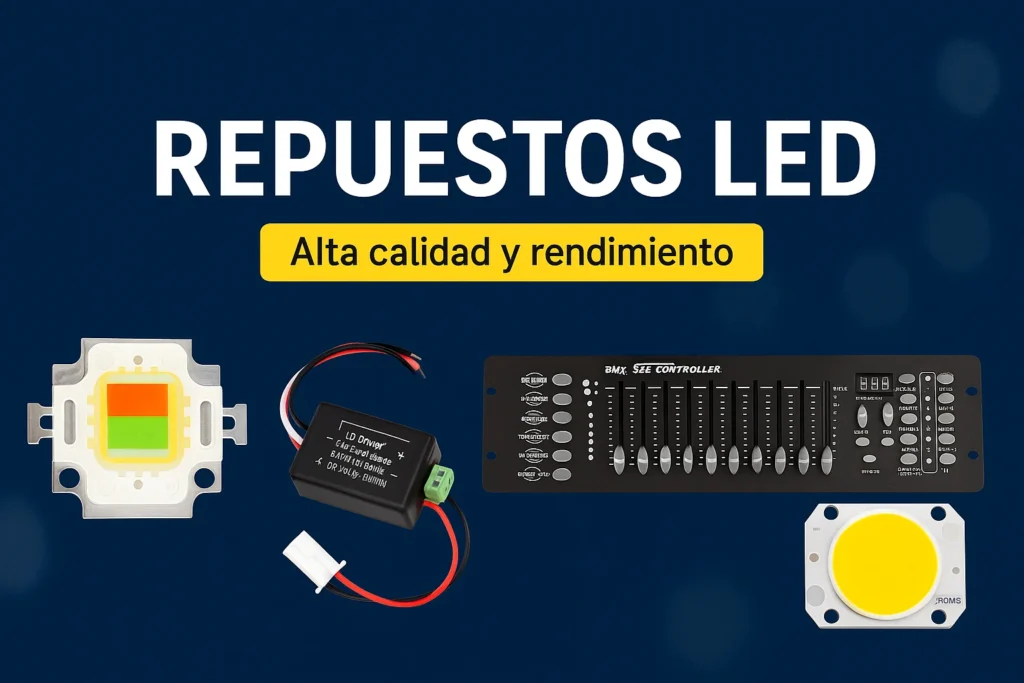 Componentes de repuesto LED como chip COB, driver, controlador DMX y chip RGB sobre fondo azul con texto promocional