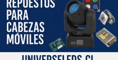 Imagen de repuestos para cabezas móviles incluyendo LED, motores y placa electrónica, usada como banner promocional