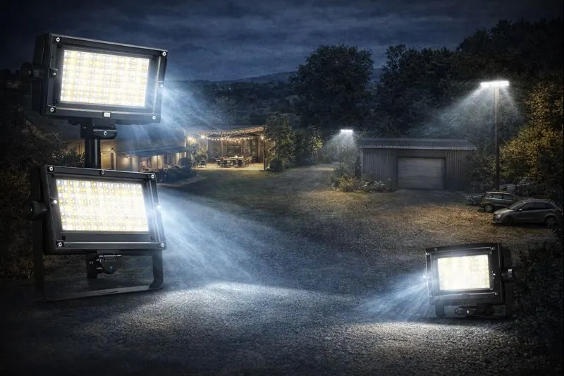 focos led de alta potencia iluminando exterior de parcela y patio