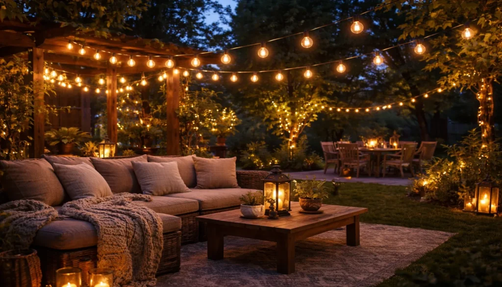 Guirnalda de bombillas LED para exterior iluminando terraza al aire libre con luz cálida