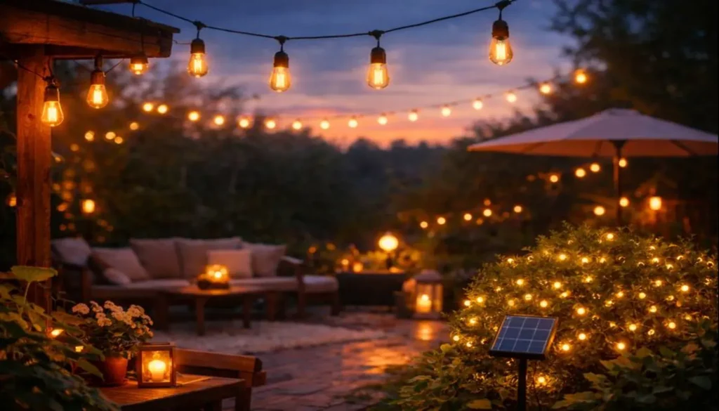 Guirnalda de luces LED exterior iluminando terraza en casa de campo y jardín