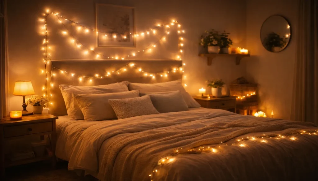 Guirnalda de luces LED cálidas decorando dormitorio acogedor con ambiente relajante