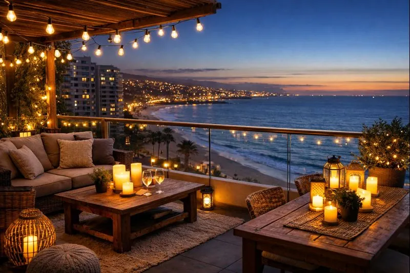 Luces decorativas LED para terrazas exteriores iluminando espacios al aire libre con ambiente cálido y moderno