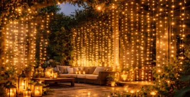 luces cascada LED tipo cortina instaladas en terraza para decoración nocturna