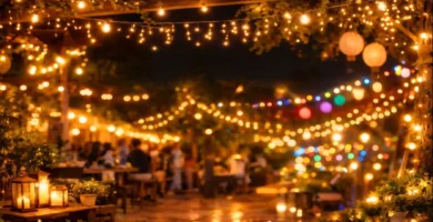 luces decorativas LED instaladas en terraza para ambientar fiestas y eventos nocturnos