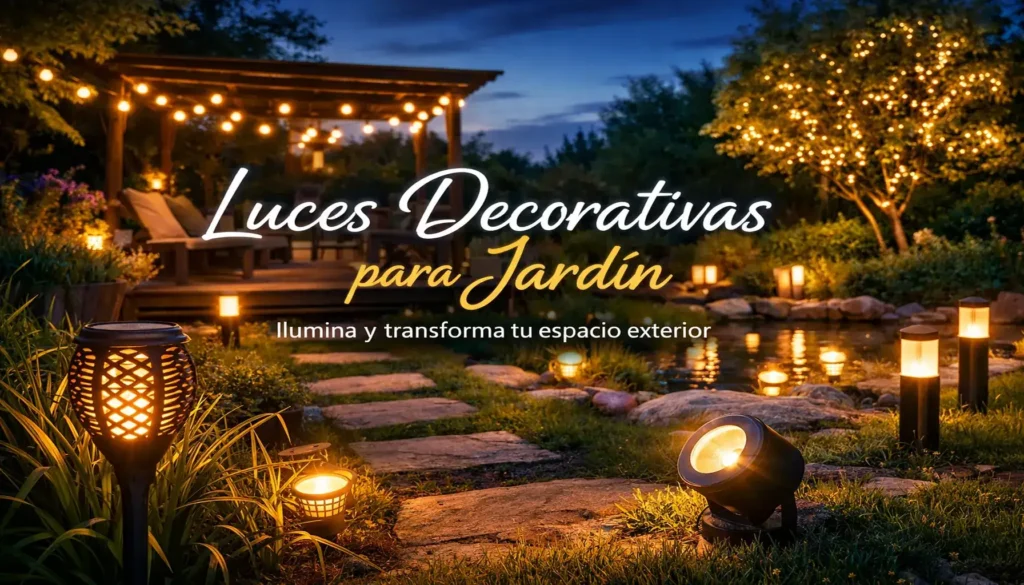Luces decorativas LED y solares para jardín exterior iluminando senderos, plantas y terraza de noche
