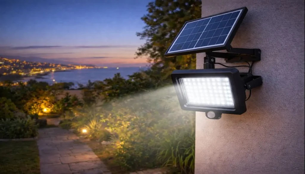 Proyector solar LED instalado en exterior iluminando jardín