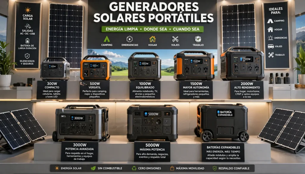 Generador de corriente solar portátil para camping, hogar y emergencias con panel solar y salidas AC DC USB