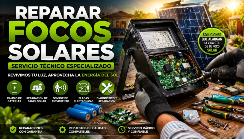 Reparación de focos solares servicio técnico cambio de baterías panel solar sensor repuestos focos solares Chile