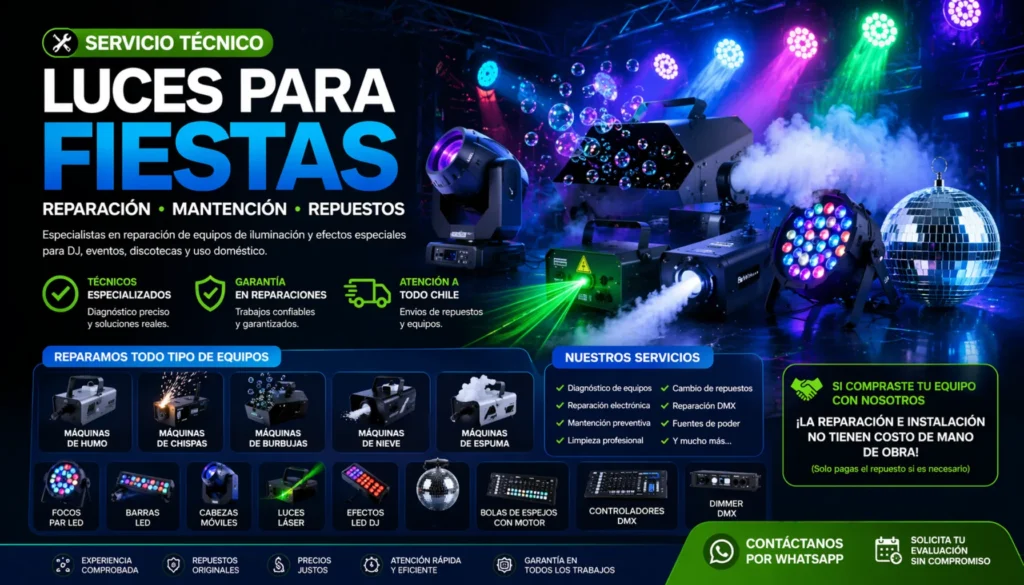 servicio técnico luces para fiestas reparación máquinas de humo reparación máquinas de chispas reparación cabezas móviles reparación par led servicio técnico iluminación dj chile