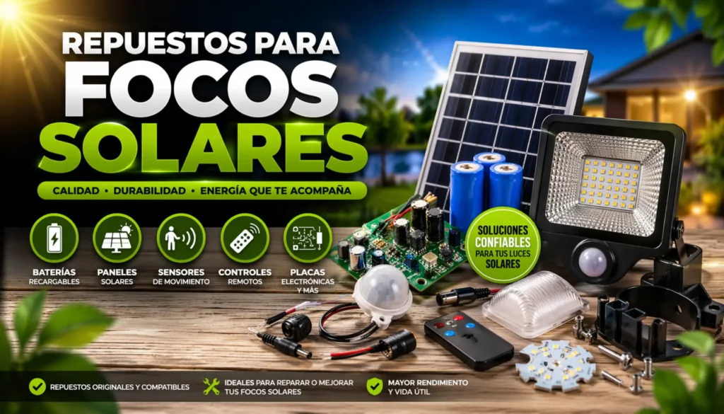 Repuestos para focos solares, baterías, panel solar, sensores de movimiento, placas electrónicas y servicio técnico de reparación de luces solares