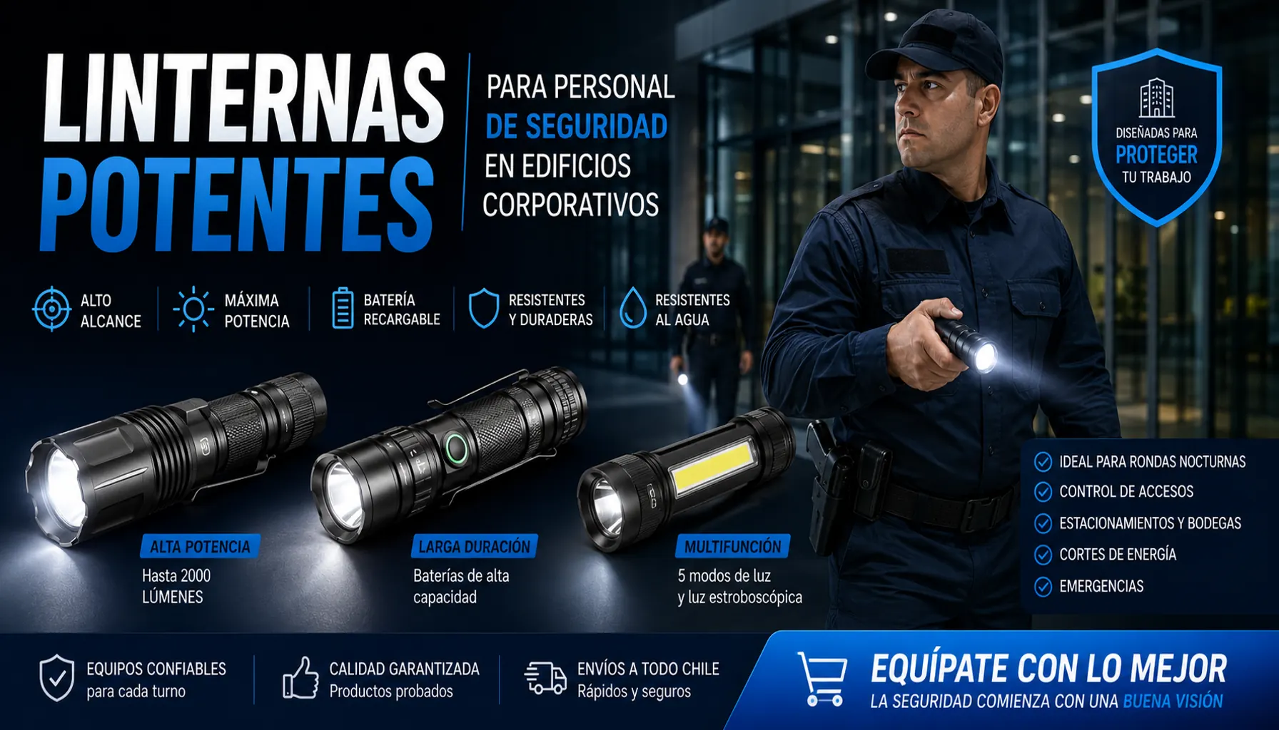 Linternas LED potentes para vigilantes privados y personal de seguridad corporativa realizando rondas y control de acceso en edificios.