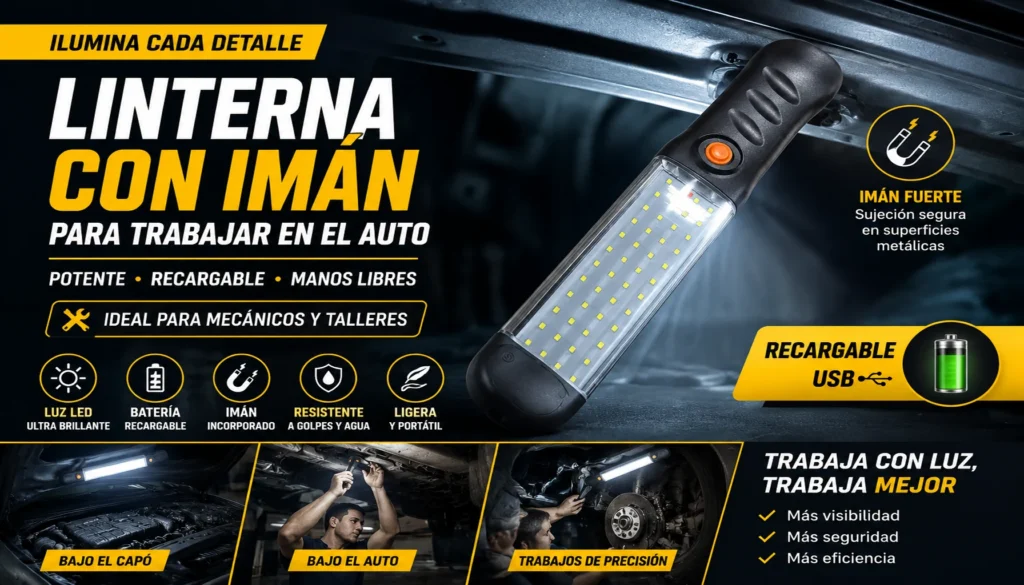 Linterna con imán recargable USB para mecánicos y talleres automotrices. Linterna LED de alta potencia ideal para trabajar en el auto, iluminar motores, realizar reparaciones y trabajos de precisión con manos libres.