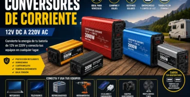 Banner de conversores de corriente 12V a 220V con modelos de 300W, 500W, 1000W, 2000W y 3000W para vehículos, camping, sistemas solares y respaldo eléctrico.