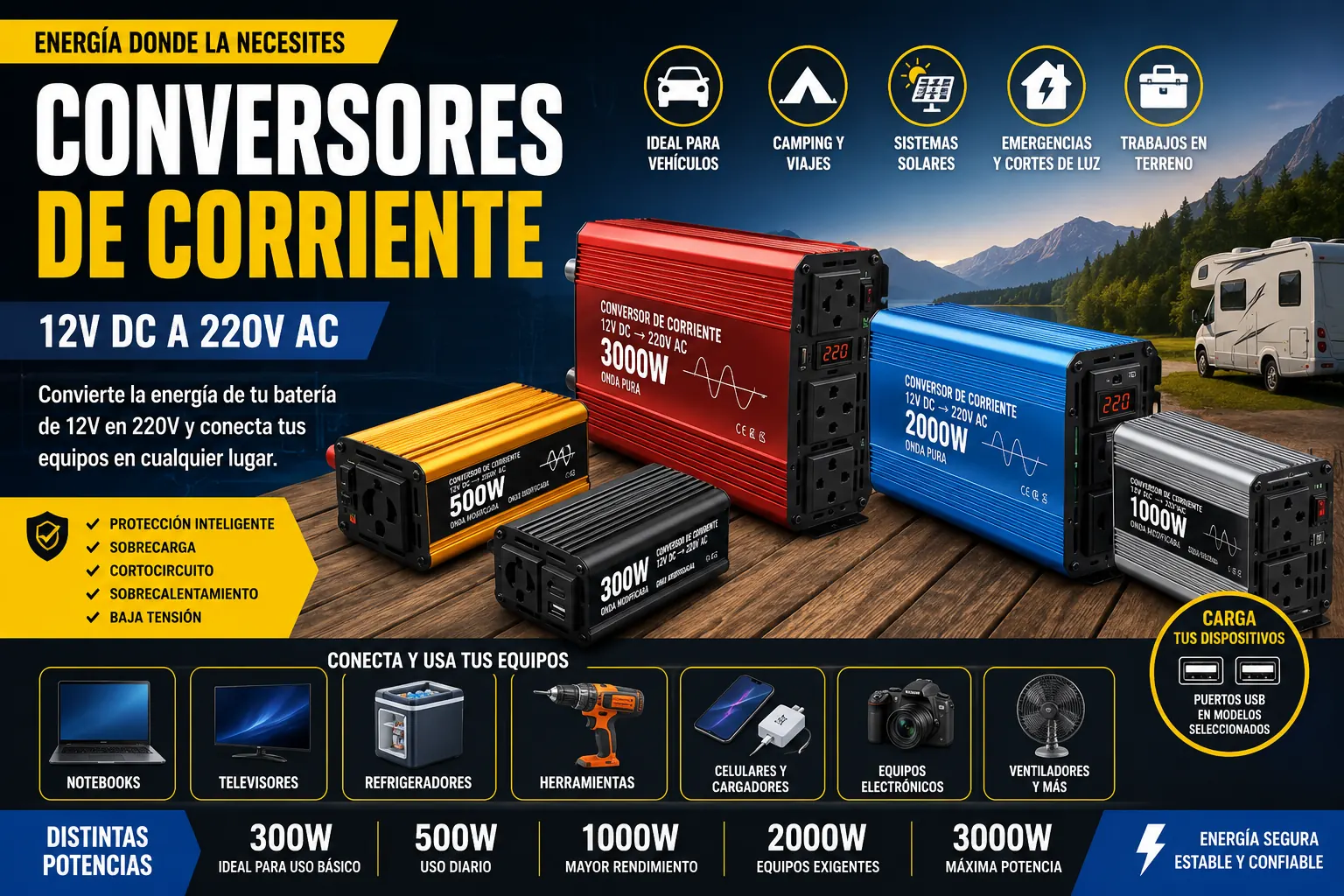 Conversores de corriente 12V a 220V para vehículos, camping, sistemas solares y cortes de luz
