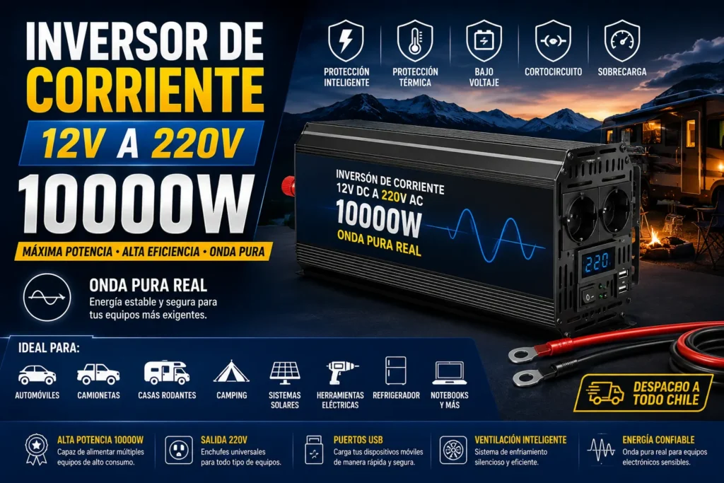 Inversor de corriente 12V a 220V 10000W de onda pura real con pantalla digital, ideal para automóviles, camionetas, casas rodantes, camping, sistemas solares, herramientas eléctricas y equipos de alto consumo.