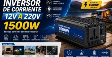 Inversor de Corriente 12V a 220V 1500W para convertir energía de batería en corriente de 220V. Ideal para respaldo eléctrico, camping, motorhome, vehículos, herramientas eléctricas y equipos electrónicos.
