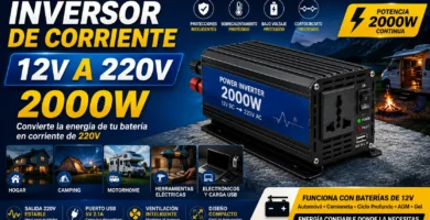 Inversor de Corriente 12V a 220V 2000W para convertir energía de batería en corriente de 220V. Ideal para respaldo eléctrico, camping, motorhome, vehículos, herramientas eléctricas y equipos electrónicos.