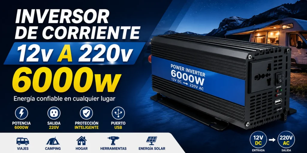 Inversor de corriente 12V a 220V 6000W con salida AC 220V ideal para respaldo eléctrico en el hogar, camping, vehículos, motorhome, energía solar y cortes de luz en Chile.