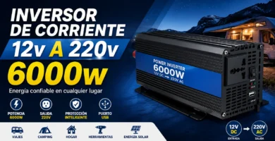 Inversor de corriente 12V a 220V 6000W con salida AC 220V ideal para respaldo eléctrico en el hogar, camping, vehículos, motorhome, energía solar y cortes de luz en Chile.