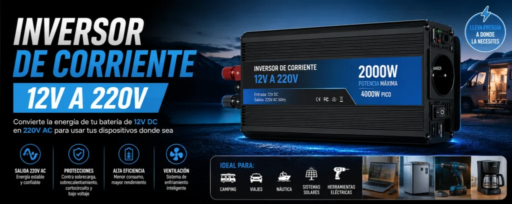 Inversor de corriente 12V a 220V para convertir energía de batería de automóvil en corriente alterna para equipos eléctricos, camping, vehículos, herramientas y uso portátil.