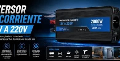 Inversor de corriente 12V a 220V para convertir energía de batería de automóvil en corriente alterna para equipos eléctricos, camping, vehículos, herramientas y uso portátil.
