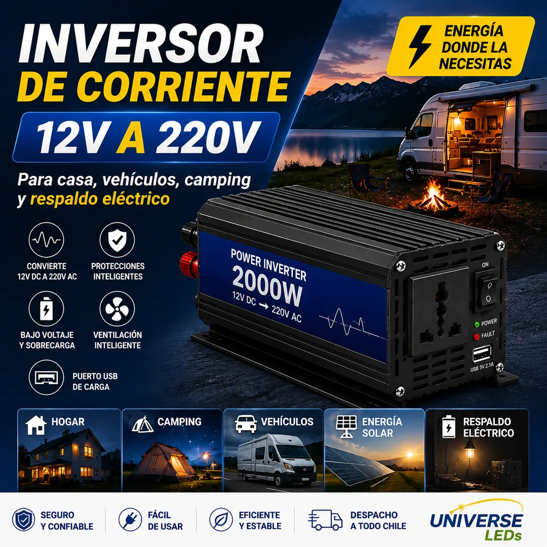 Inversor de corriente 12V a 220V para casa, camping, vehículos y respaldo eléctrico