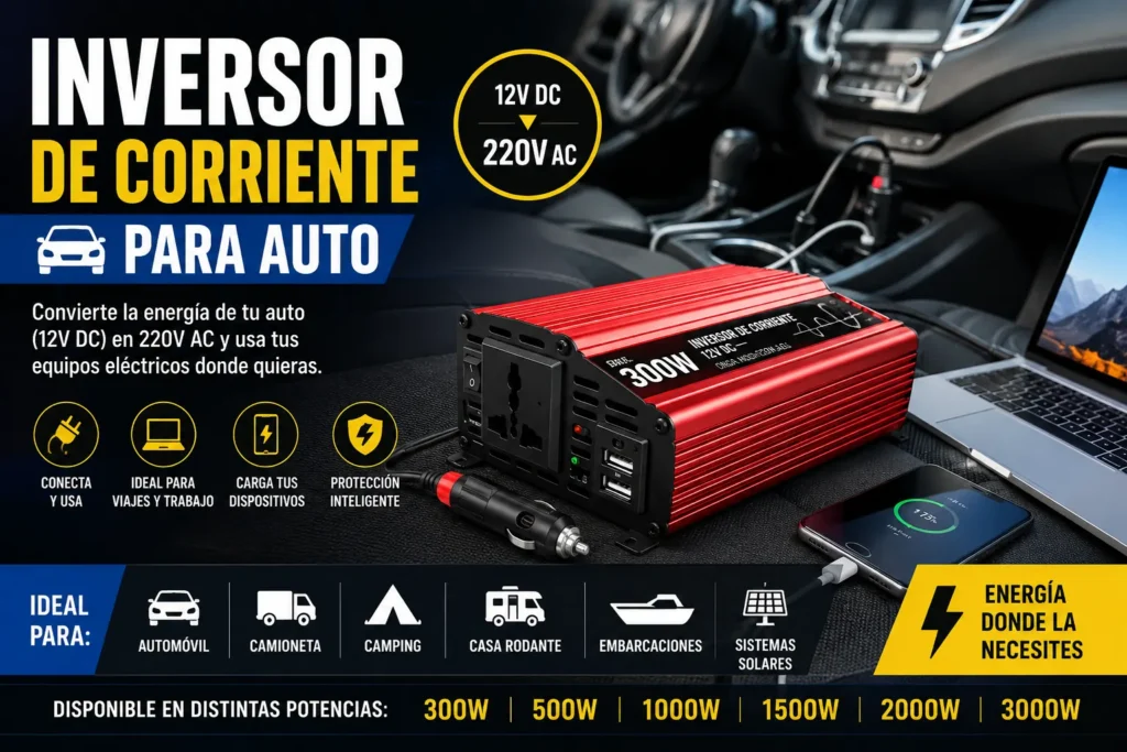 Inversor de corriente para auto 12V a 220V conectado al encendedor del vehículo, ideal para cargar notebooks, celulares, herramientas y equipos eléctricos durante viajes, camping y trabajos en terreno.