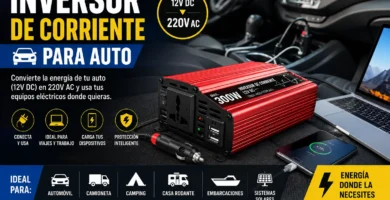 Inversor de corriente para auto 12V a 220V conectado al encendedor del vehículo, ideal para cargar notebooks, celulares, herramientas y equipos eléctricos durante viajes, camping y trabajos en terreno.