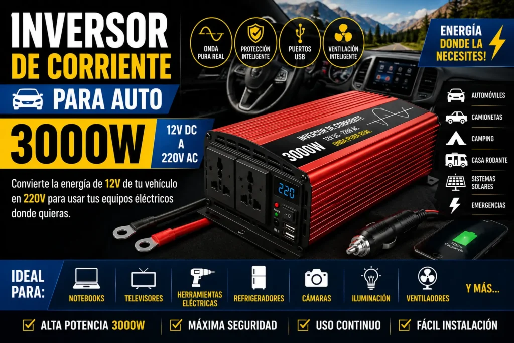 Inversor de corriente para auto 3000W de 12V a 220V con onda pura, ideal para camionetas, automóviles, camping, casas rodantes, sistemas solares y trabajos en terreno.