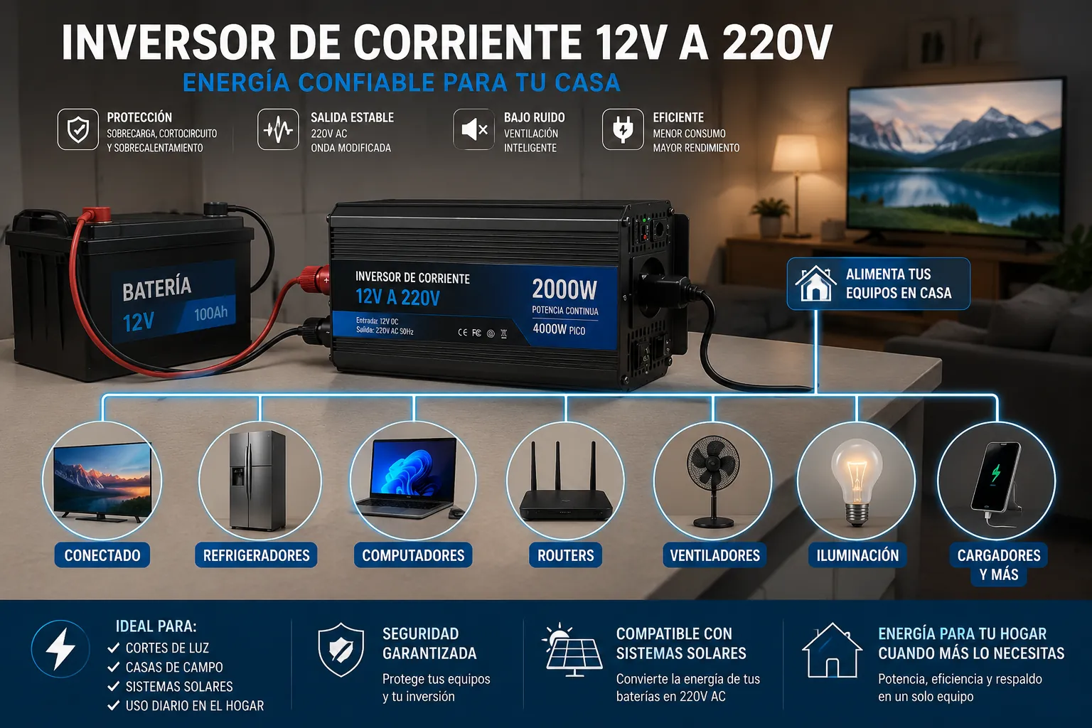 Usos de un inversor de corriente para casa conectado a batería de 12V para alimentar televisor, refrigerador, computador, router e iluminación